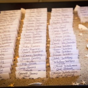 The place cards on a sea of sand, highlighted with sand dollars